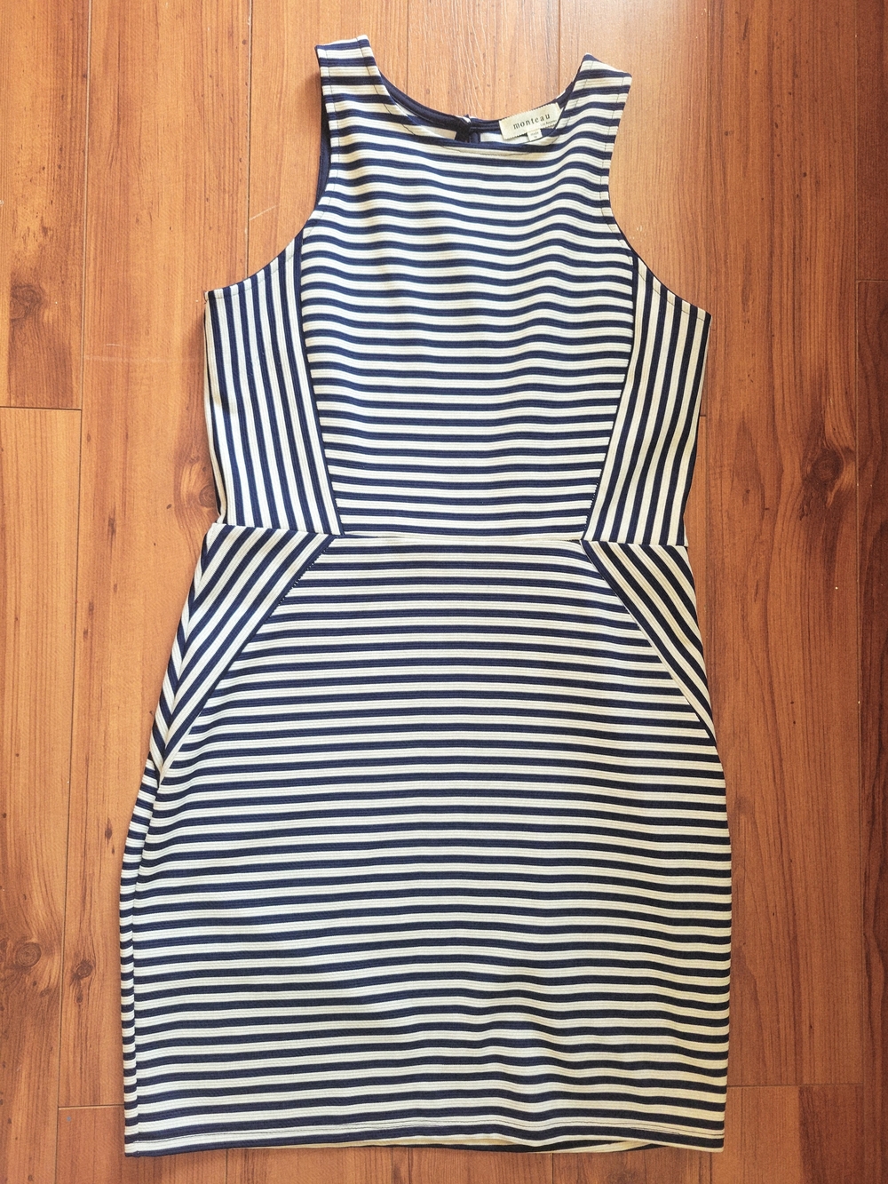 Monteau Navy and White Striped Sleeveless Sheath Dress